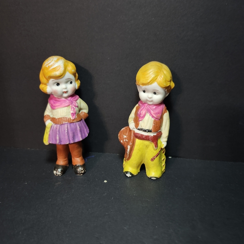 Colorful  Bisque  Cowgirl And Cowboy Figurine Set